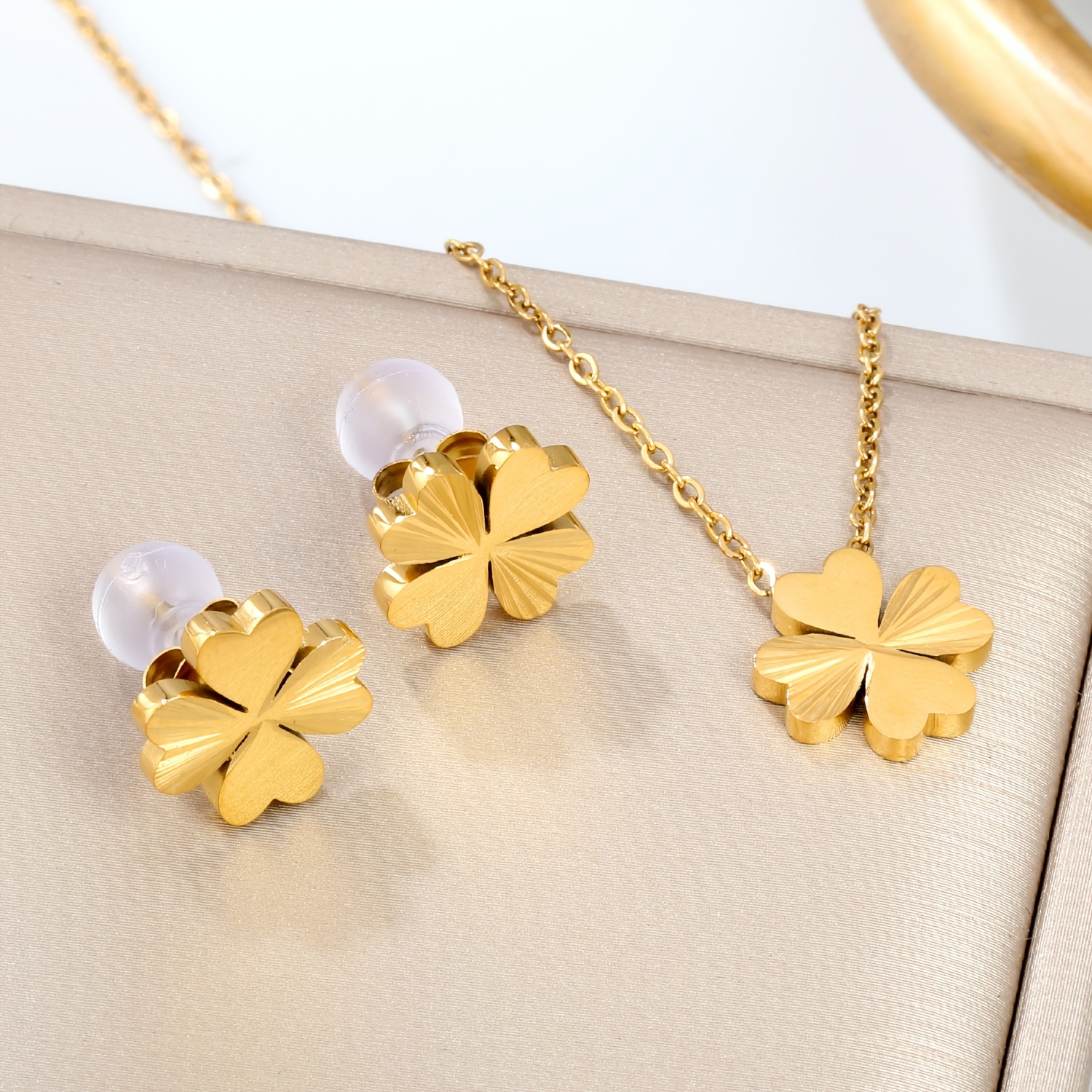 Stainless Steel Golden Four Leaf Clover Pendant Necklace and Earrings Set